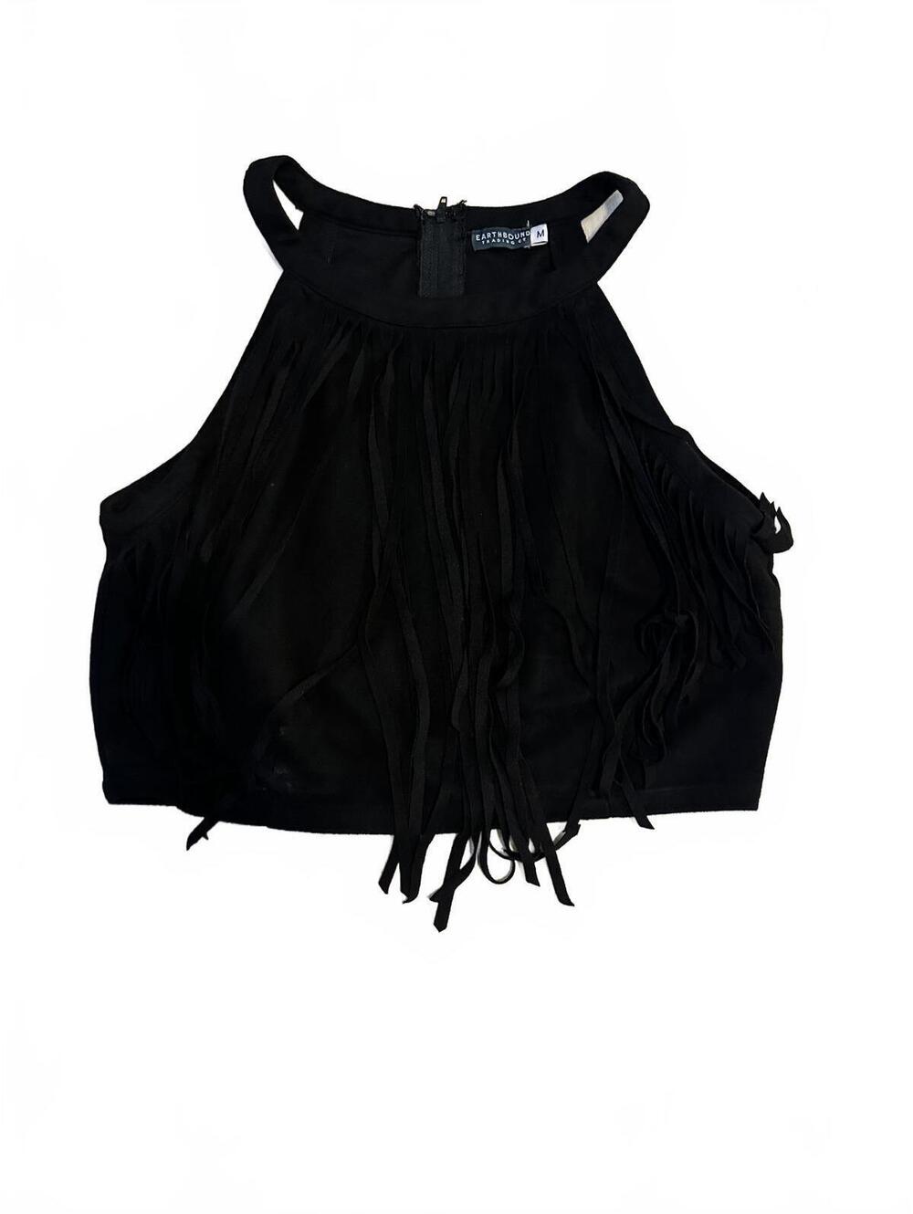Earthbound black halter fringe crop top